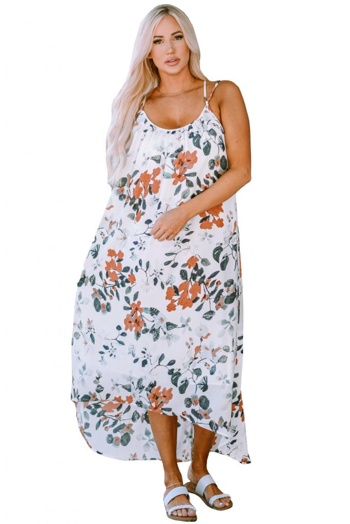 White Floral Print Spaghetti Straps Maxi Dress