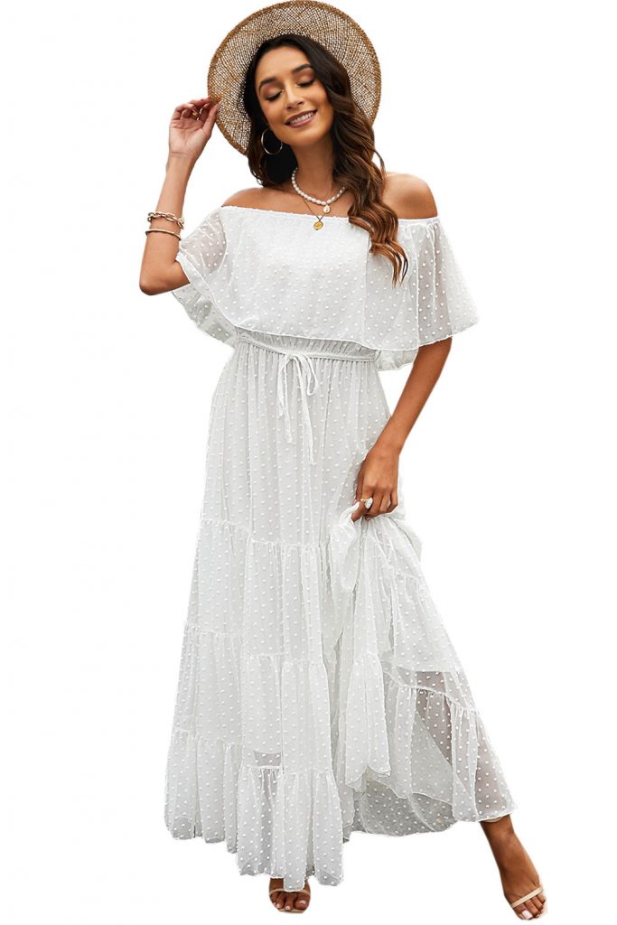 White Off Shoulder Ruffle Swiss Dot Maxi Dress