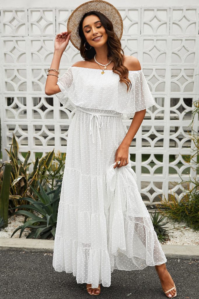 White Off Shoulder Ruffle Swiss Dot Maxi Dress