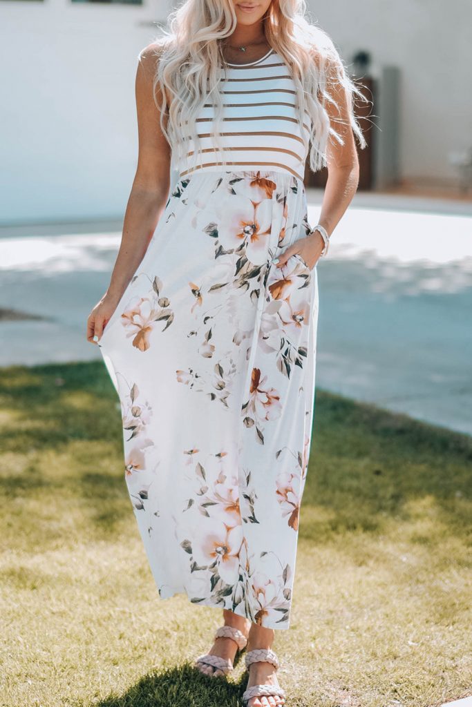 White Striped Floral Print Sleeveless Maxi Dress With Pocket