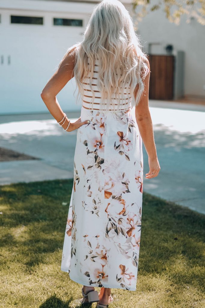 White Striped Floral Print Sleeveless Maxi Dress With Pocket