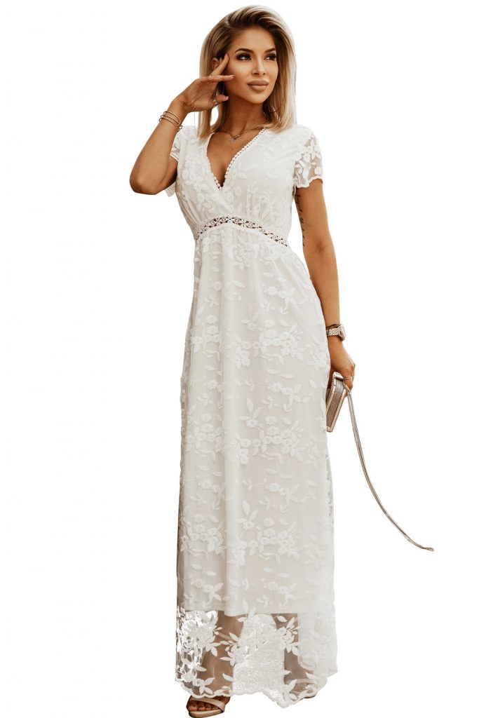 White V Neck Lace Maxi Dress