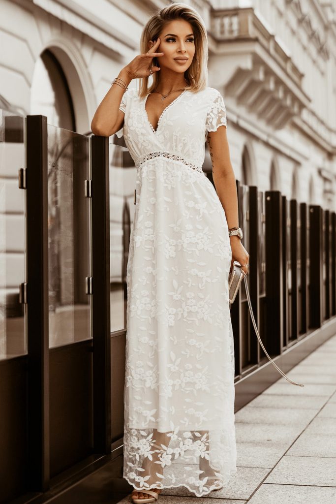 White V Neck Lace Maxi Dress