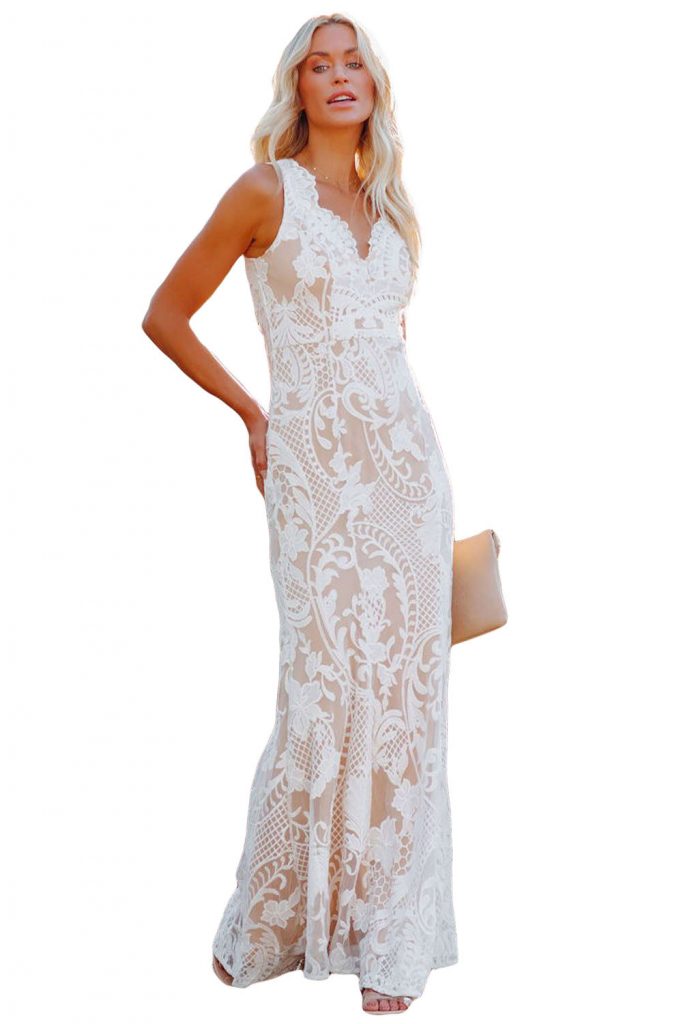 White Zip Back Sleeveless Crochet Lace Prom Maxi Dress