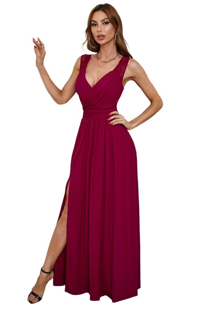 Wine Red V Neck Zip Backless Lace Splicing Side Split Maxi Prom Evening Dress