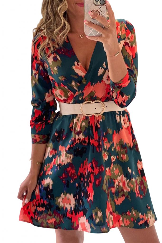 Women’s Abstract Print Surplice V Neck Puff Sleeve A-line Dress