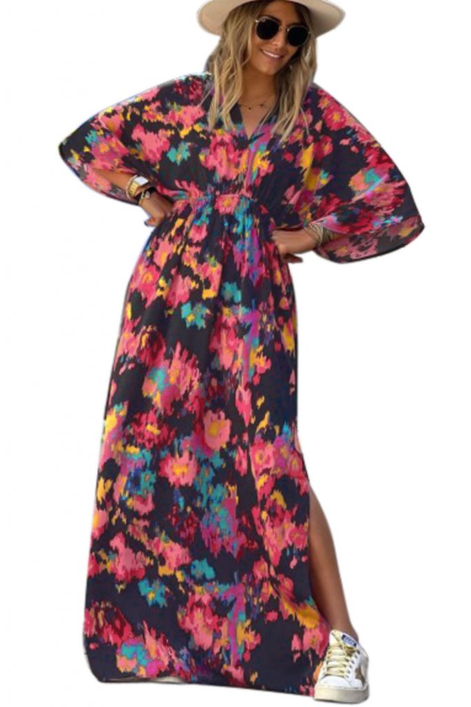 Women’s Abstract Print V Neck Dolman Sleeve High Waist Maxi Dress Boho Styles