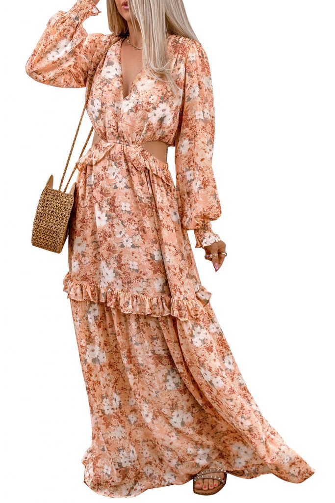 Women’s Apricot Frill Trim Cutout Waist V Neck Long Floral Dress