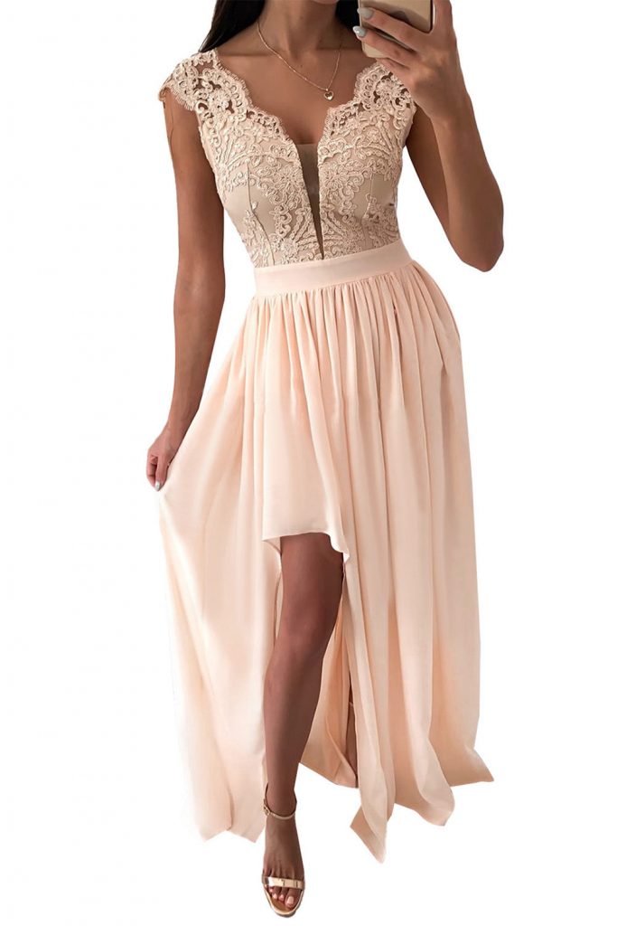 Women’s Apricot Lace Crochet High Waist Maxi Dress With Side Split