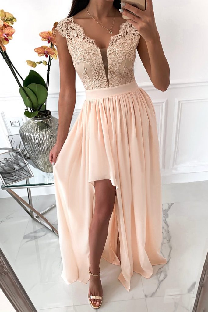 Women’s Apricot Lace Crochet High Waist Maxi Dress With Side Split