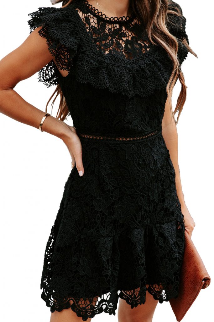 Women’s Black Floral Lace Crochet Ruffled High Waist Mini Dress