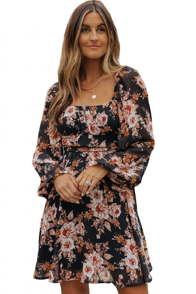 Women’s Black Floral Square Neckline Print Tie Back Mini Dress