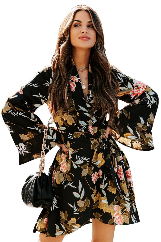 Women’s Black Palazzo Floral Ruffle Wrap Dress