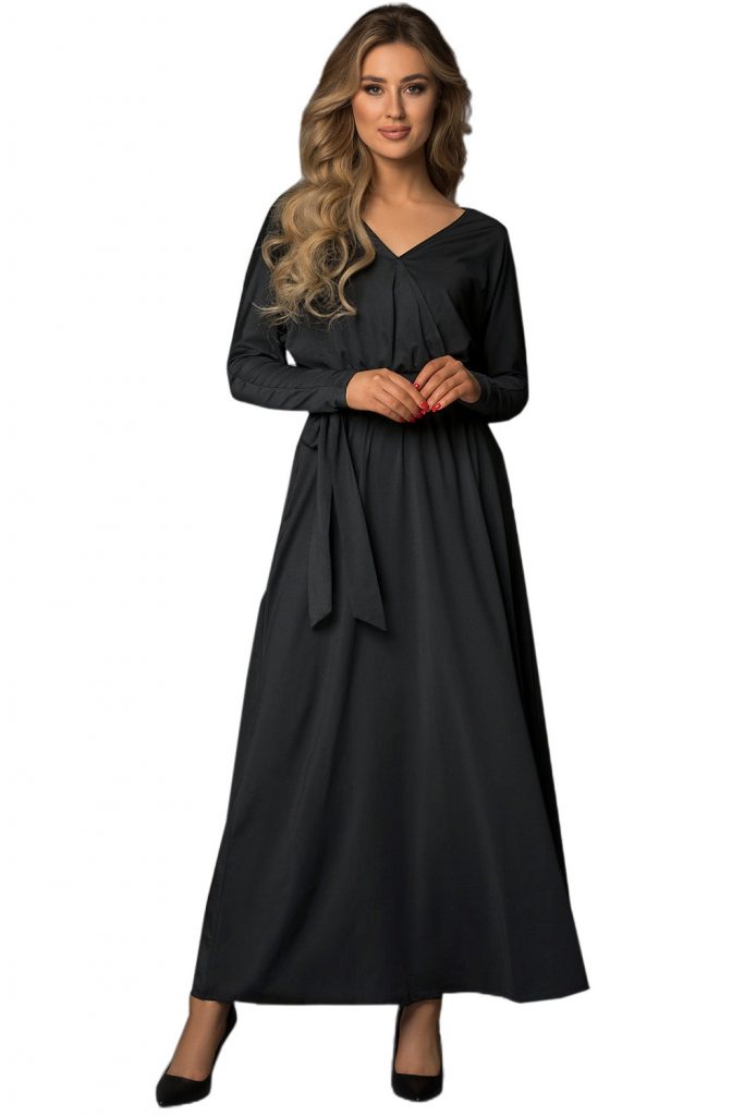 Women’s Black V Neck Batwing Long Sleeve Maxi Dress