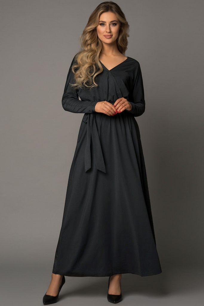 Women’s Black V Neck Batwing Long Sleeve Maxi Dress