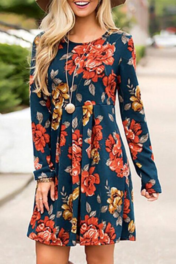 Women’s Blue Floral Pleated Long Sleeves Dress