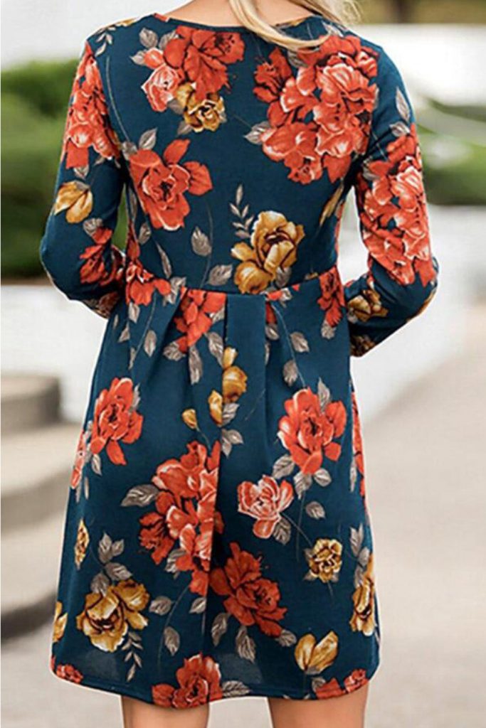 Women’s Blue Floral Pleated Long Sleeves Dress