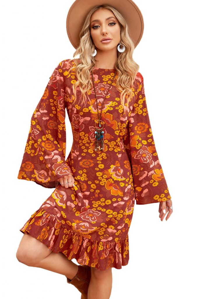 Women’s Boho Floral Print Ruffled Long Sleeve Mid Dress Crew Neck