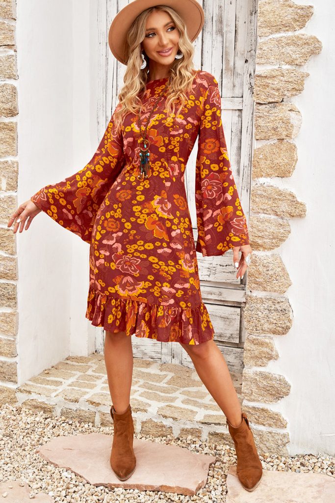 Women’s Boho Floral Print Ruffled Long Sleeve Mid Dress Crew Neck