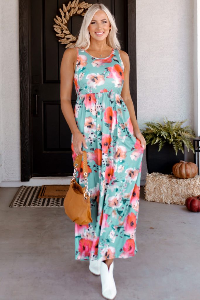 Women’s Boho Print Sleeveless High Waist Round Neck Floral Maxi Dress