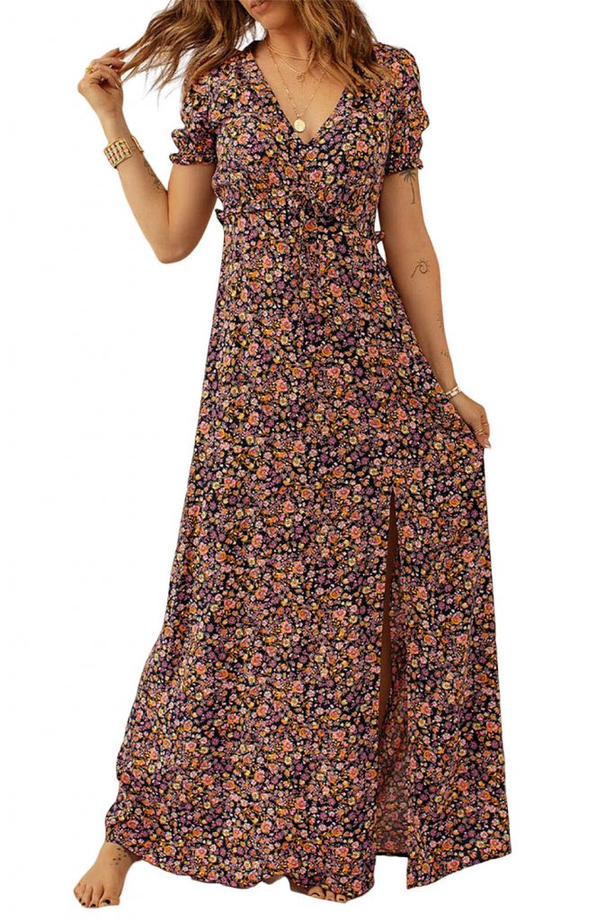 Women’s Boho V Neck Bubble Sleeve Floral Maxi Dress