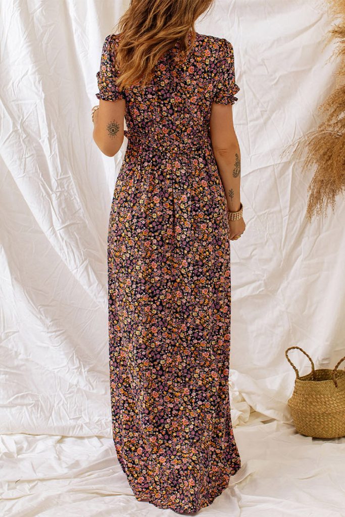 Women’s Boho V Neck Bubble Sleeve Floral Maxi Dress