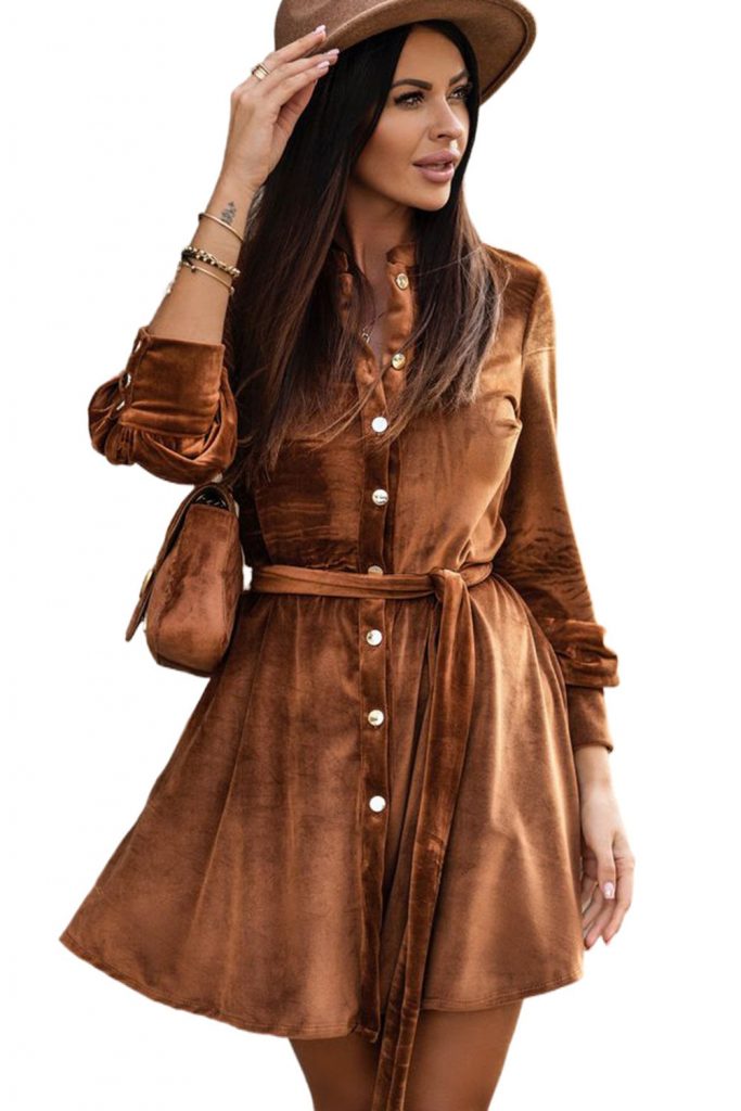 Women’s Brown Buttoned Lace-up High Waist Velvet Long Sleeve Mini Dress