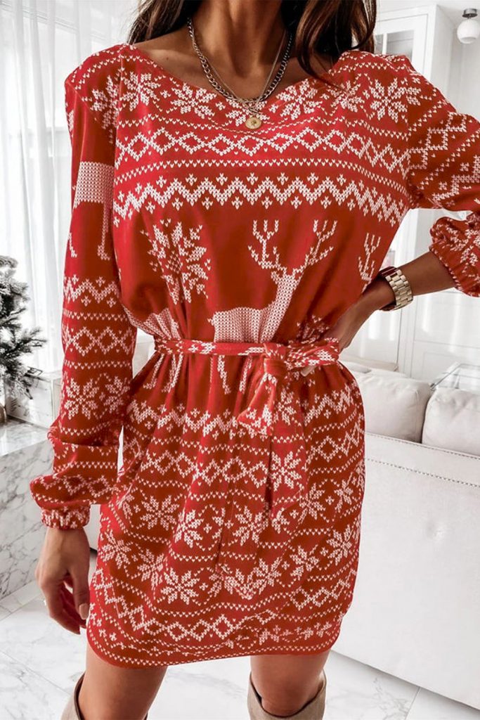 Women’s Christmas Pattern Print Lace-up One Shoulder Long Sleeve Mini Dress