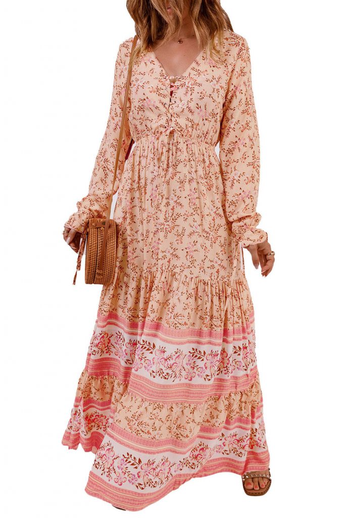 Women’s Drawstring Lace-up V Neck Long Sleeve Floral Maxi Dress