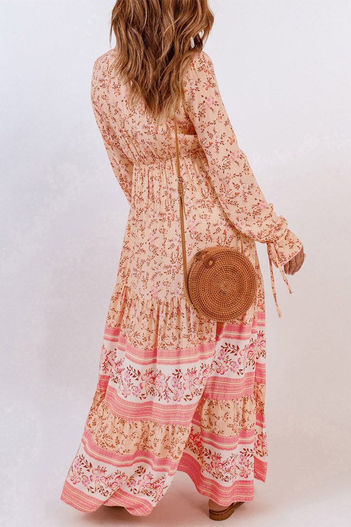 Women’s Drawstring Lace-up V Neck Long Sleeve Floral Maxi Dress