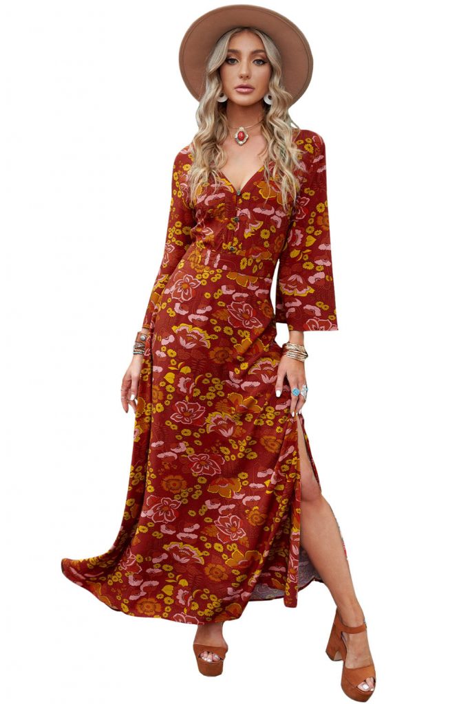 Women’s Floral Print Side Slit Buttons V Neck Maxi Dress