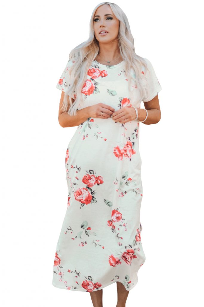 Women’s Floral Print Side Slits Short Sleeves T Shirt Long Dress With Side Pockets