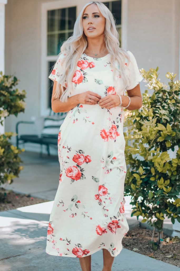 Women’s Floral Print Side Slits Short Sleeves T Shirt Long Dress With Side Pockets