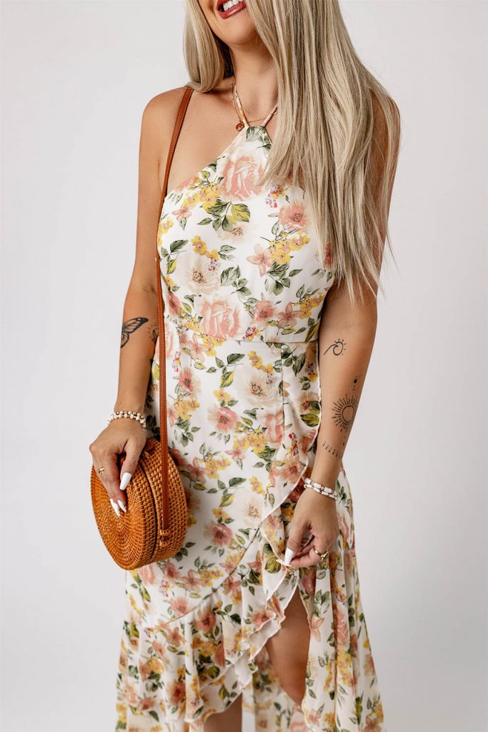 Women’s Flowy Ruffle Slit Halter Neck Sleeveless High-Waist Floral Midi Dress