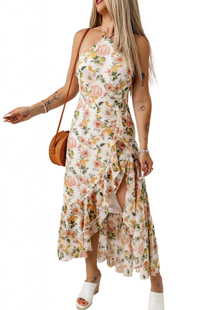 Women’s Flowy Ruffle Slit Halter Neck Sleeveless High-Waist Floral Midi Dress