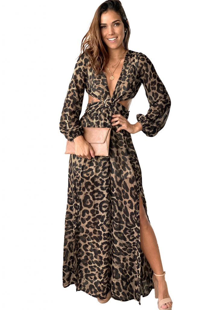 Women’s Front Knot Cut Out Waist Leopard Long Sleeve Maxi Dress