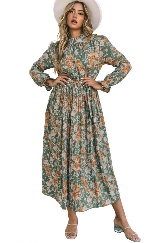 Women’s Green Pleated Long Sleeve Stand Neck Maxi Floral Dress With Tie