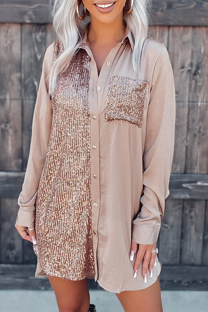 Women’s Khaki Sequin Splicing Pocket Buttoned Shirt Dress