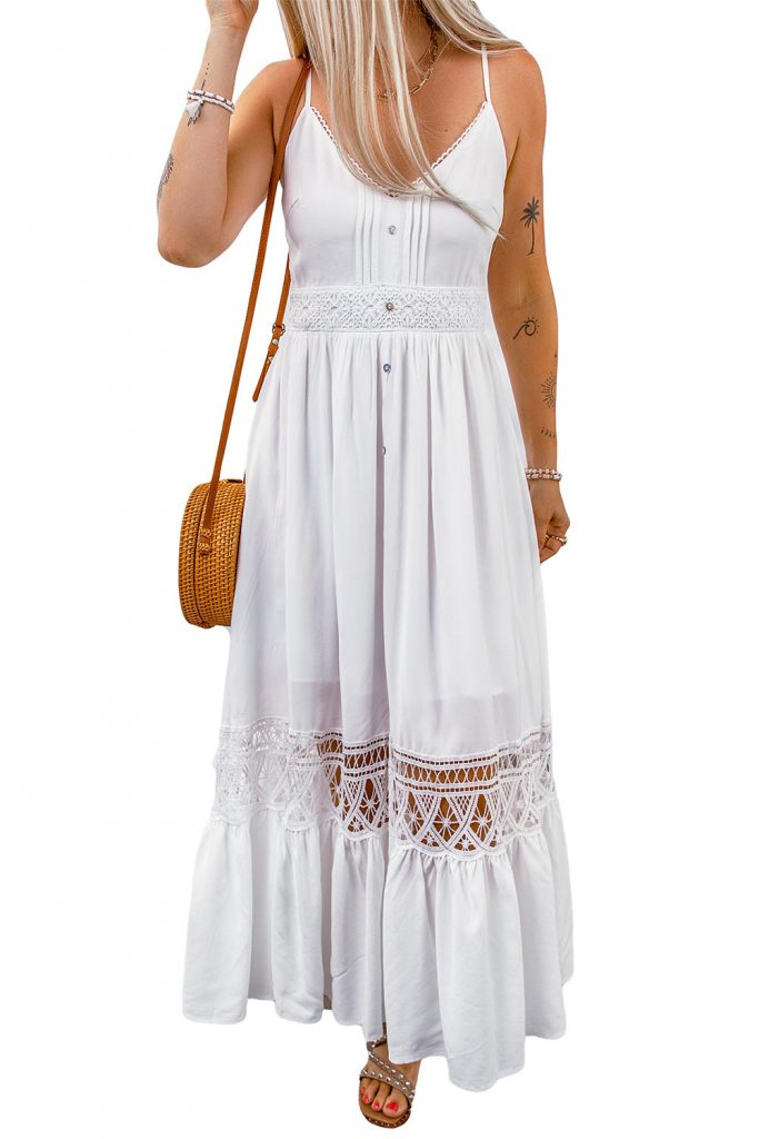 Women’s Lace Splice Button Decor Spaghetti Strap Sleeveless Maxi Dress