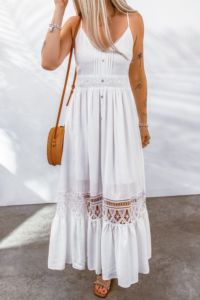 Women’s Lace Splice Button Decor Spaghetti Strap Sleeveless Maxi Dress