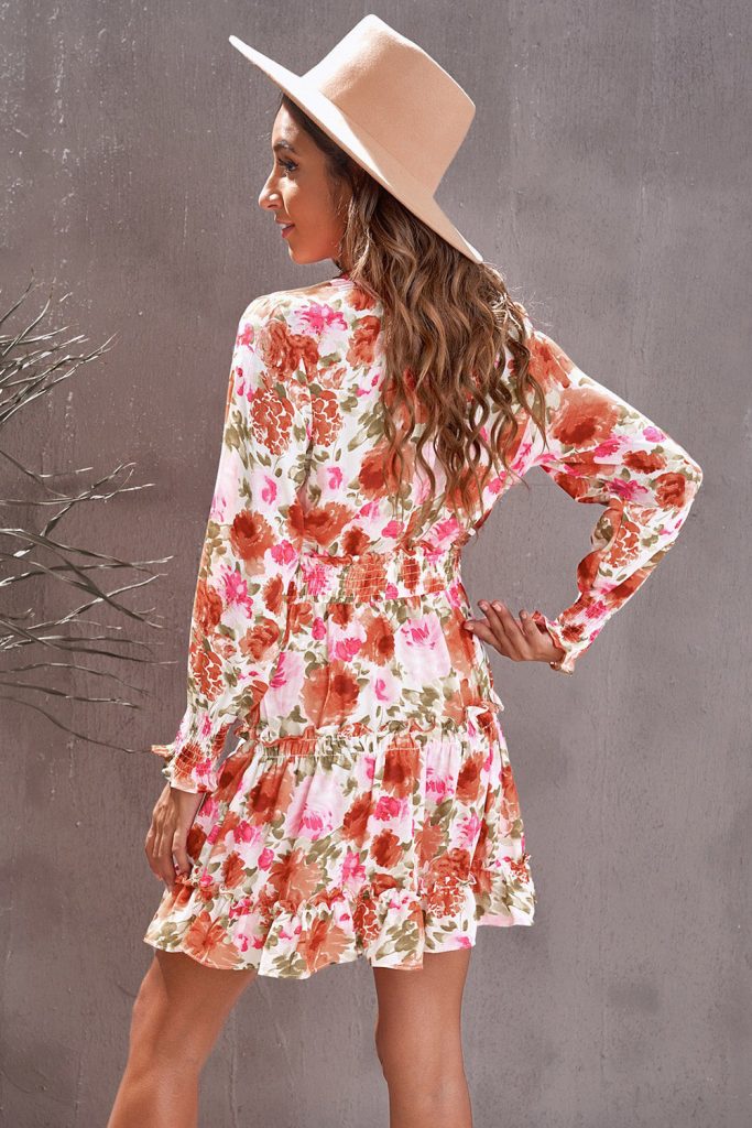 Women’s Multicolor Floral V Neck Long Sleeve Tie Waist Mini Dress