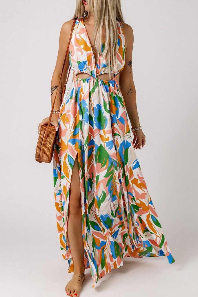 Women’s Leaf Deep V-Neck Sleeveless Print Cut-out High Slit Maxi Dress