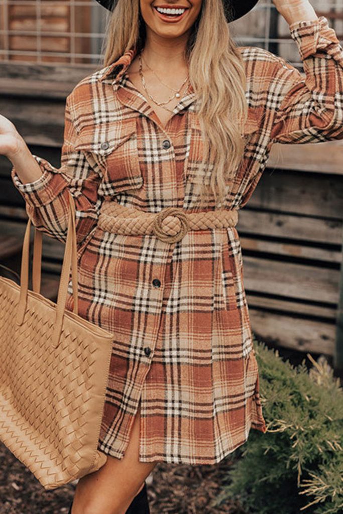 Women’s Orange Plaid Button Up Side Slit Shirt Dress