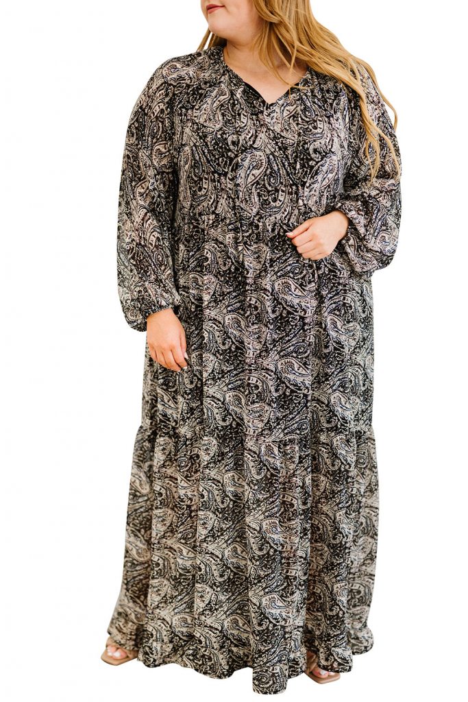 Women’s Paisley Print Ruffled Drawstring Black Plus Size Maxi Dress