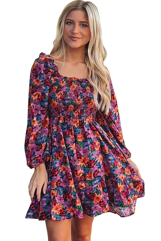 Women’s Purple Floral Puff Long Sleeve Smocked Dress