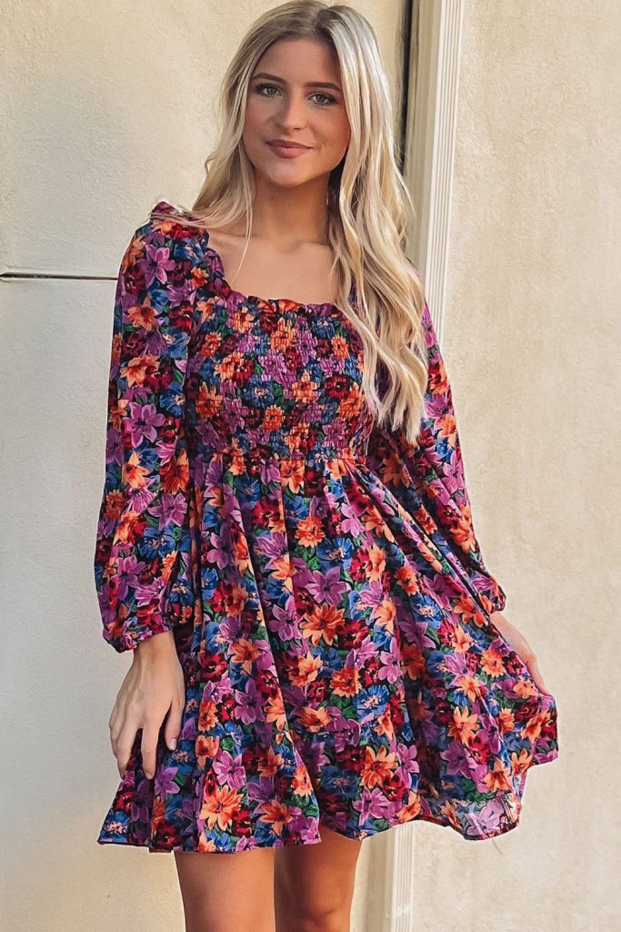 Women’s Purple Floral Puff Long Sleeve Smocked Dress