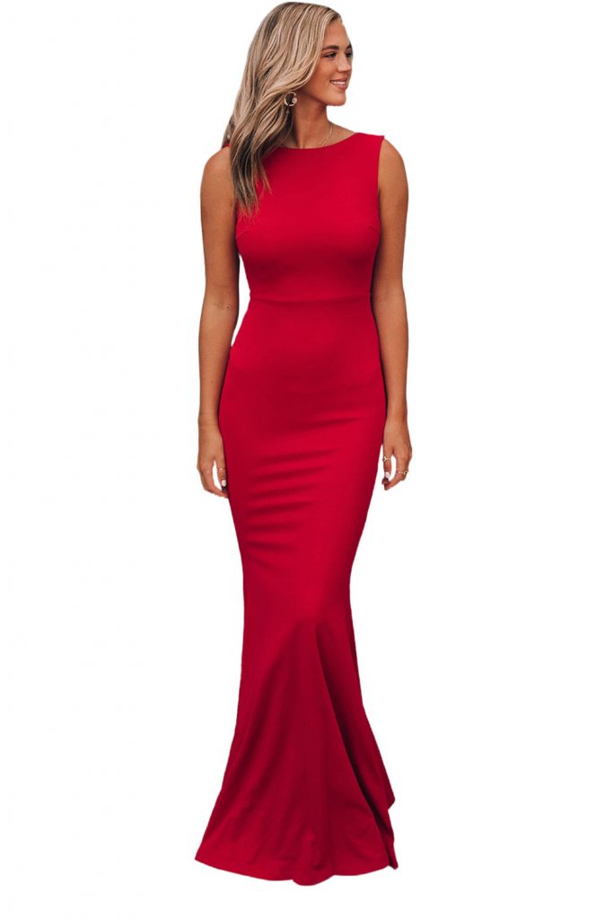 Women’s Red Bow Knot Ruffled Backless Sleeveless Party Mermaid Maxi Dress