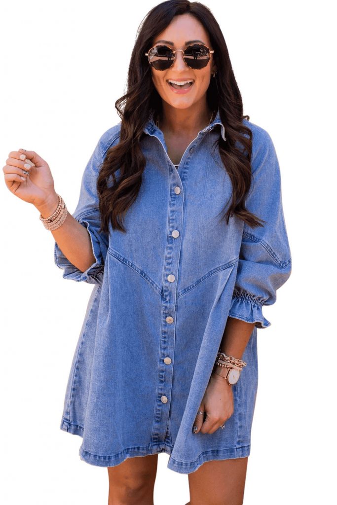 Women’s Sky Blue Buttoned Long Sleeve Denim Mini Dress