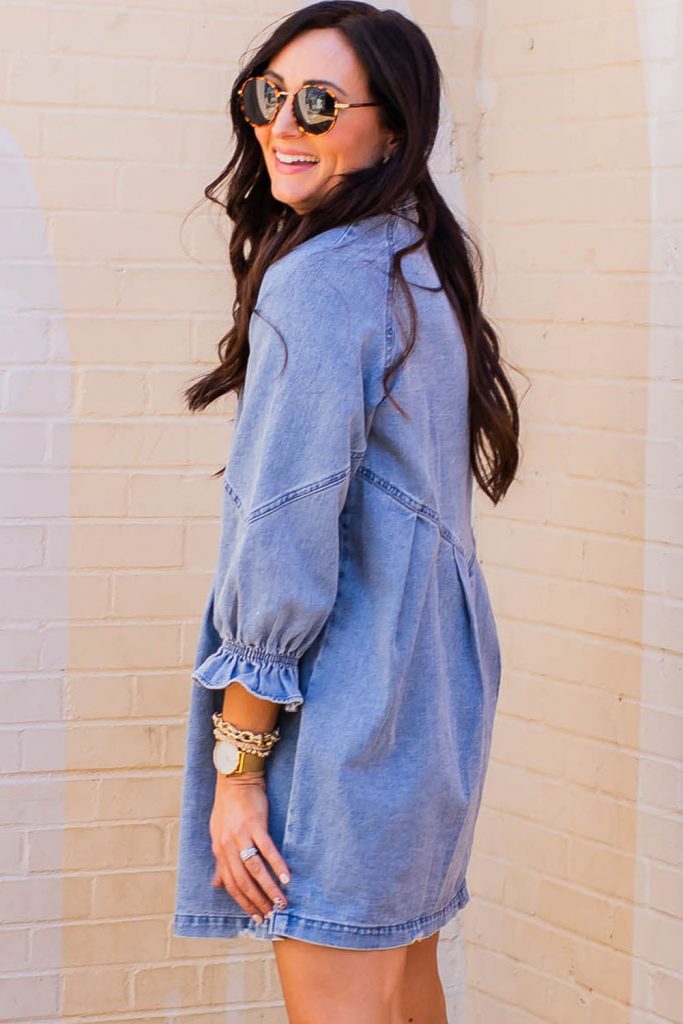 Women’s Sky Blue Buttoned Long Sleeve Denim Mini Dress