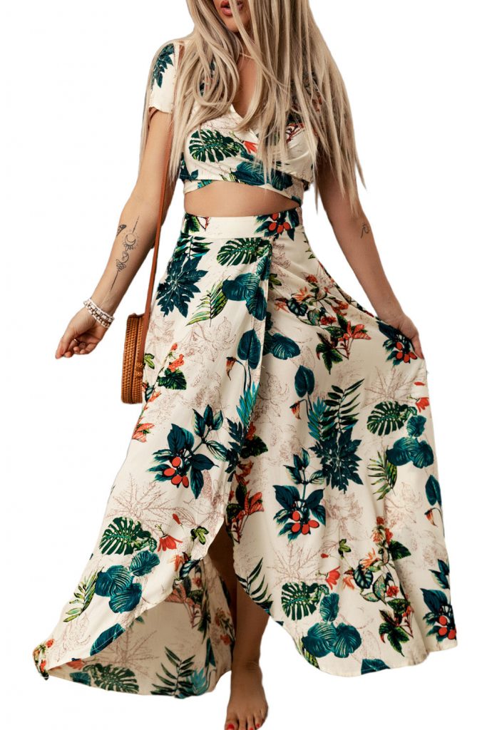 Women’s Tropical Print Crop Top And Short Sleeve Slit Maxi Skirt Two-Piece Set